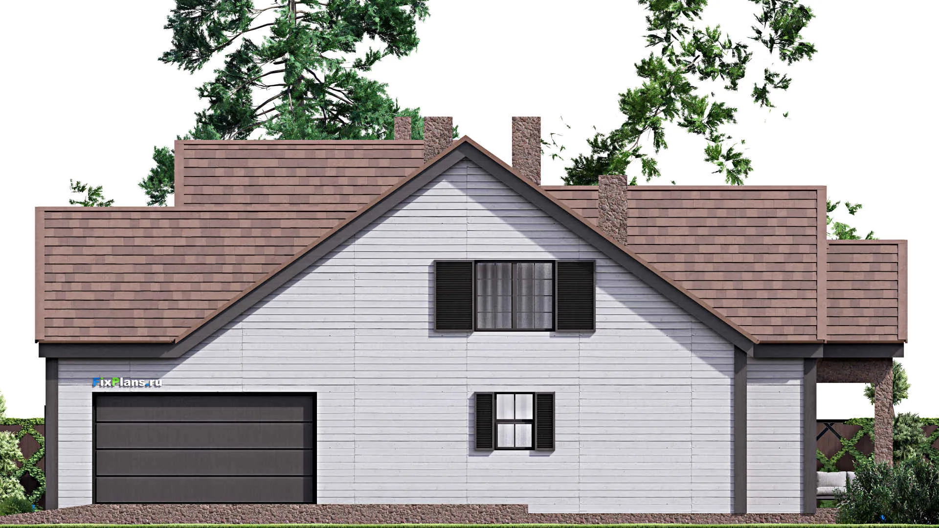 F-16928 - Планы дома с мансардой 19 на 20, площадью 340 м² с террасой, гаражом на 2 машины и 5 спальнями