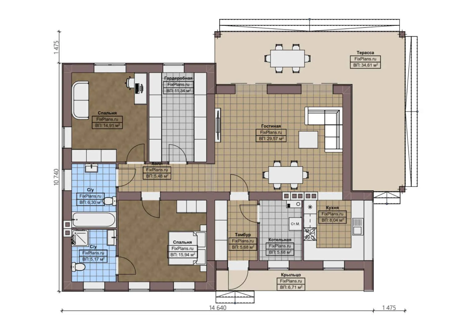 F-1430 - План одноэтажного дома 11 на 15, площадью 150 м² с террасой и 2 спальнями