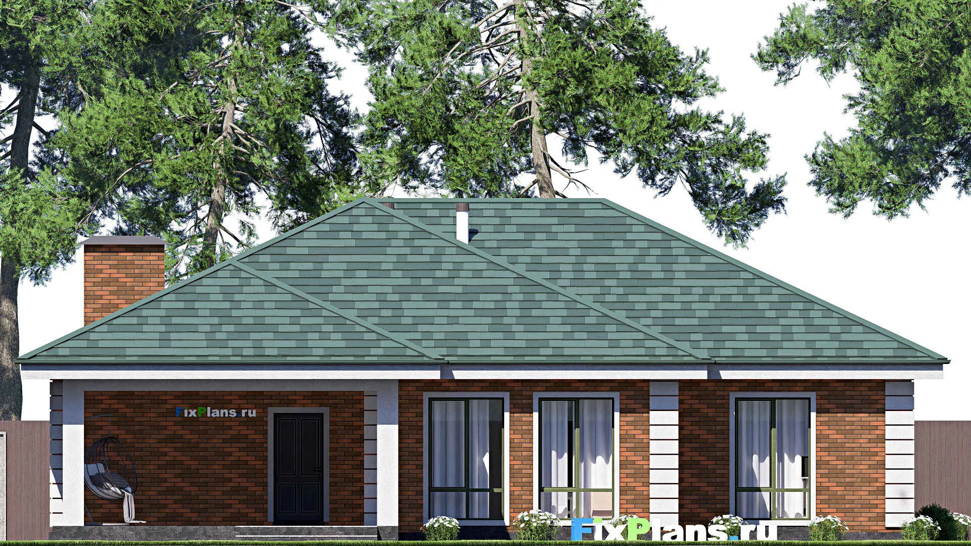 F-19421 - Проект одноэтажного дома 17 на 18, площадью 200 м² с террасой и 4 спальнями