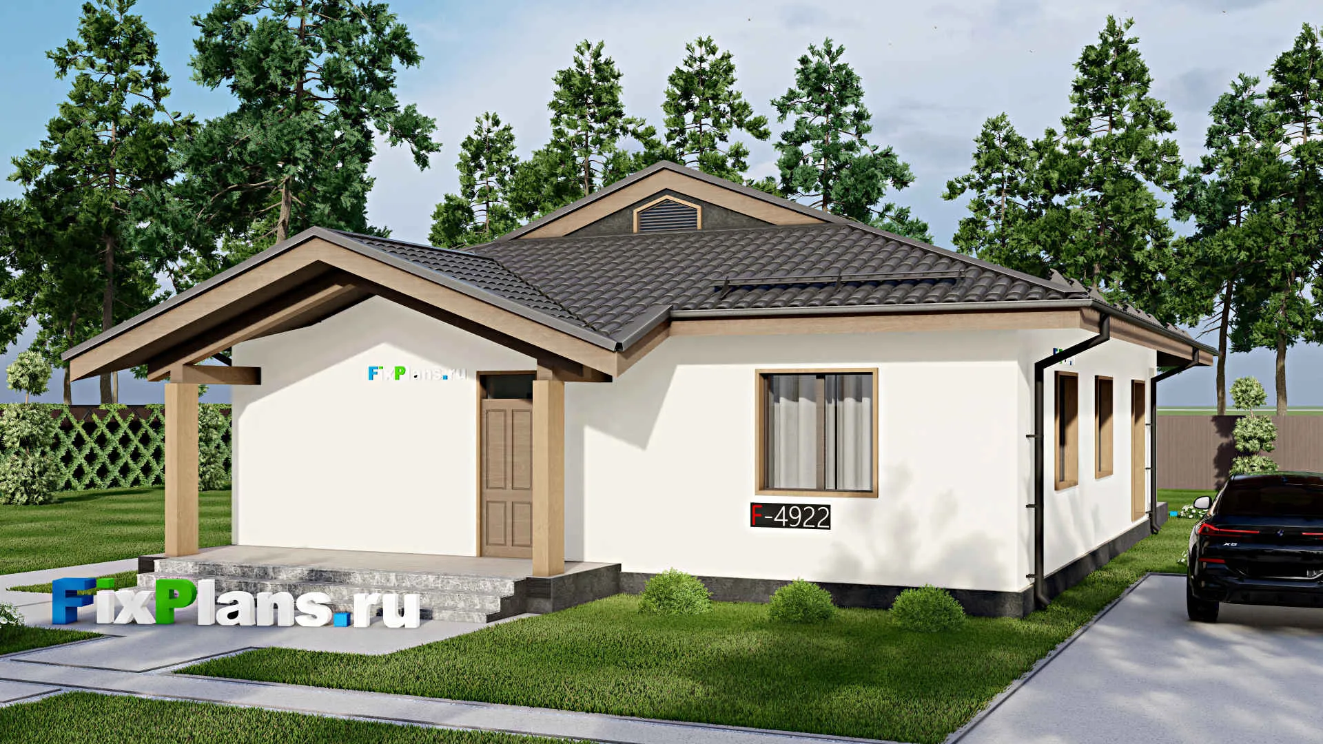 F-4922 - Проект одноэтажного дома 11 на 13, площадью 150 м² с террасой и 2 спальнями