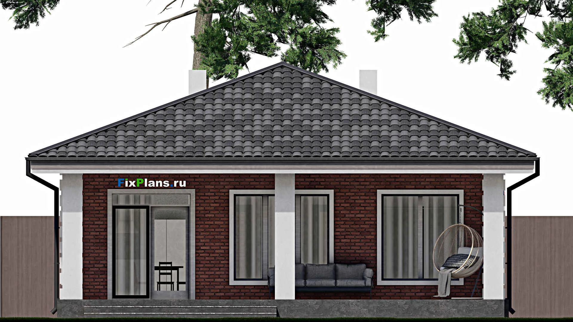 F-1655 - План одноэтажного дома 10 на 14, площадью 150 м² с террасой и 3 спальнями