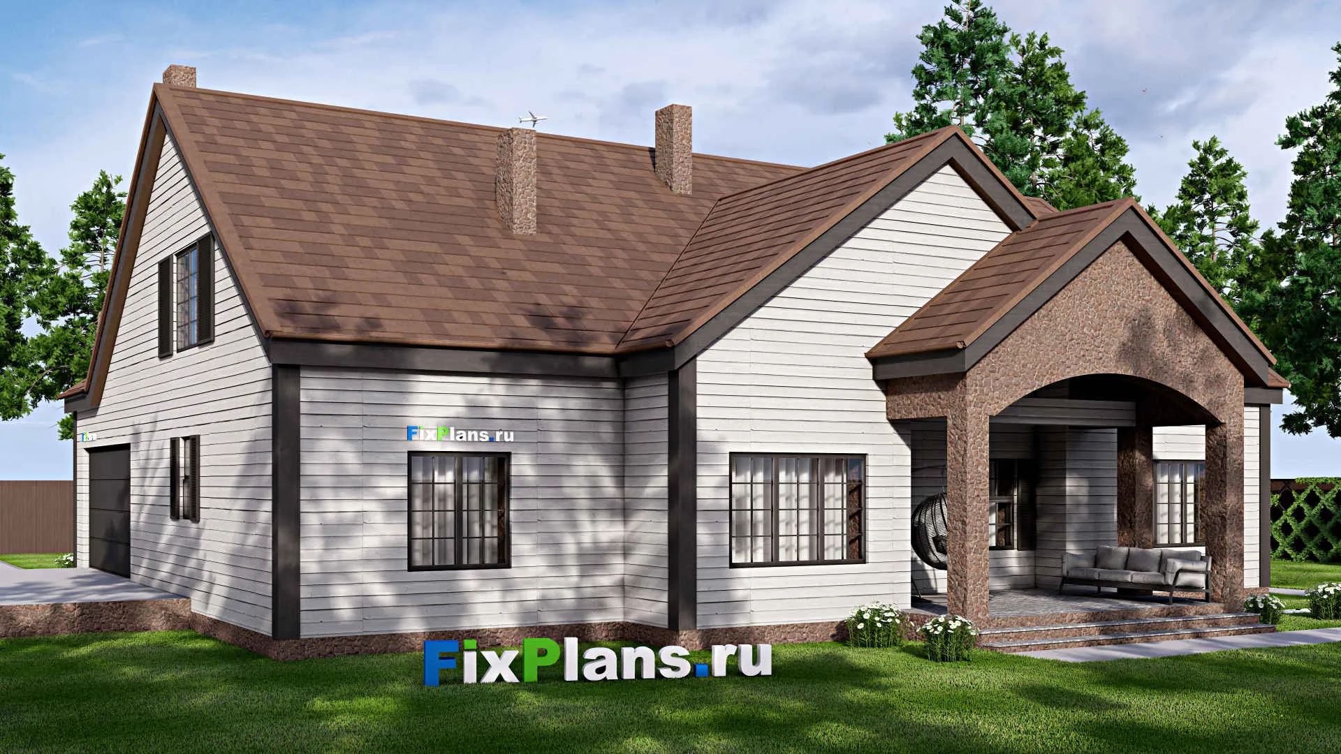 F-16928 - Планы дома с мансардой 19 на 20, площадью 340 м² с террасой, гаражом на 2 машины и 5 спальнями