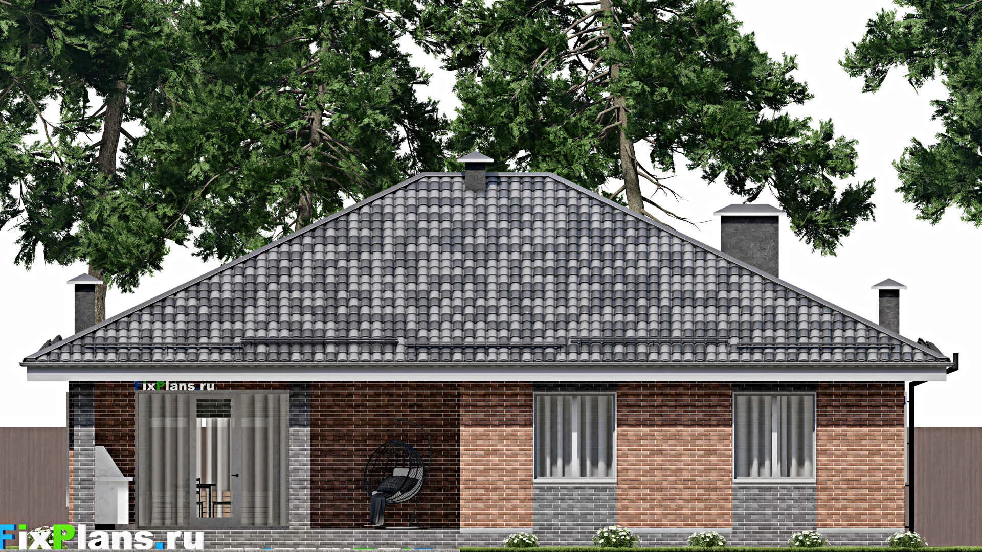 F-5849 - План одноэтажного дома 16 на 24, площадью 250 м² с террасой, гаражом на 2 машины и 3 спальнями