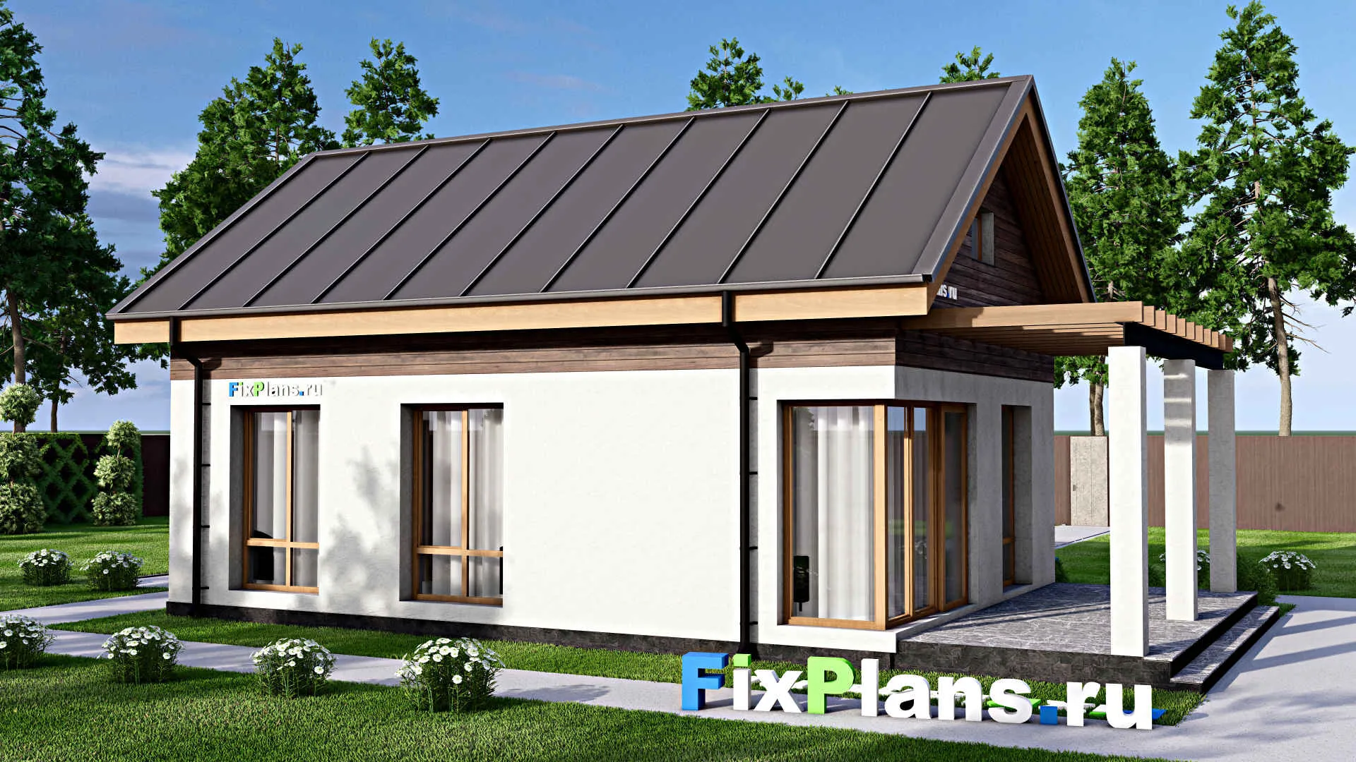 F-16010 - План одноэтажного дома 8 на 13, площадью 70 м² с террасой и 3 спальнями