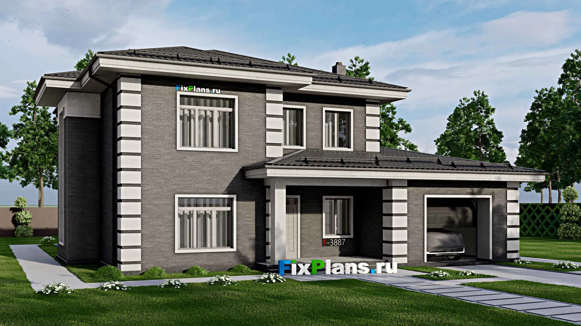 F-3887 - Проект двухэтажного дома 14 на 17, площадью 240 м² с террасой, гаражом на 1 машину и 4 спальнями