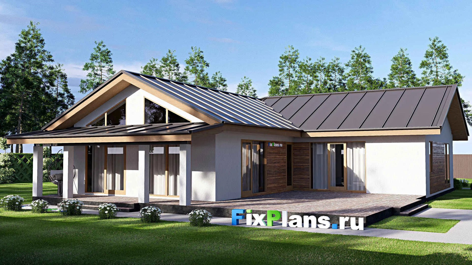 F-19259 - Проект одноэтажного дома 16 на 21, площадью 260 м² с террасой, баней и 4 спальнями