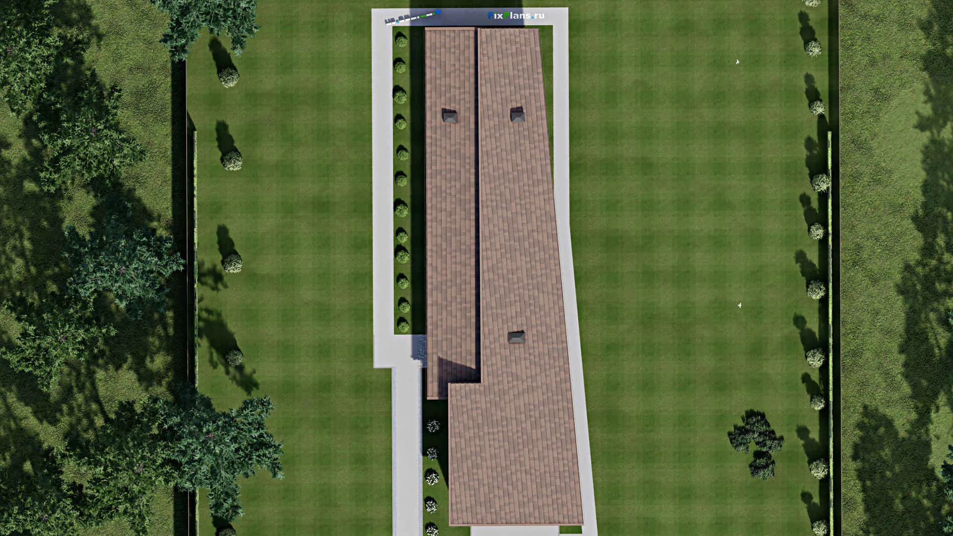 F-10007 - Проект одноэтажного дома 11 на 35, площадью 220 м² с баней, гаражом на 2 машины и 4 спальнями