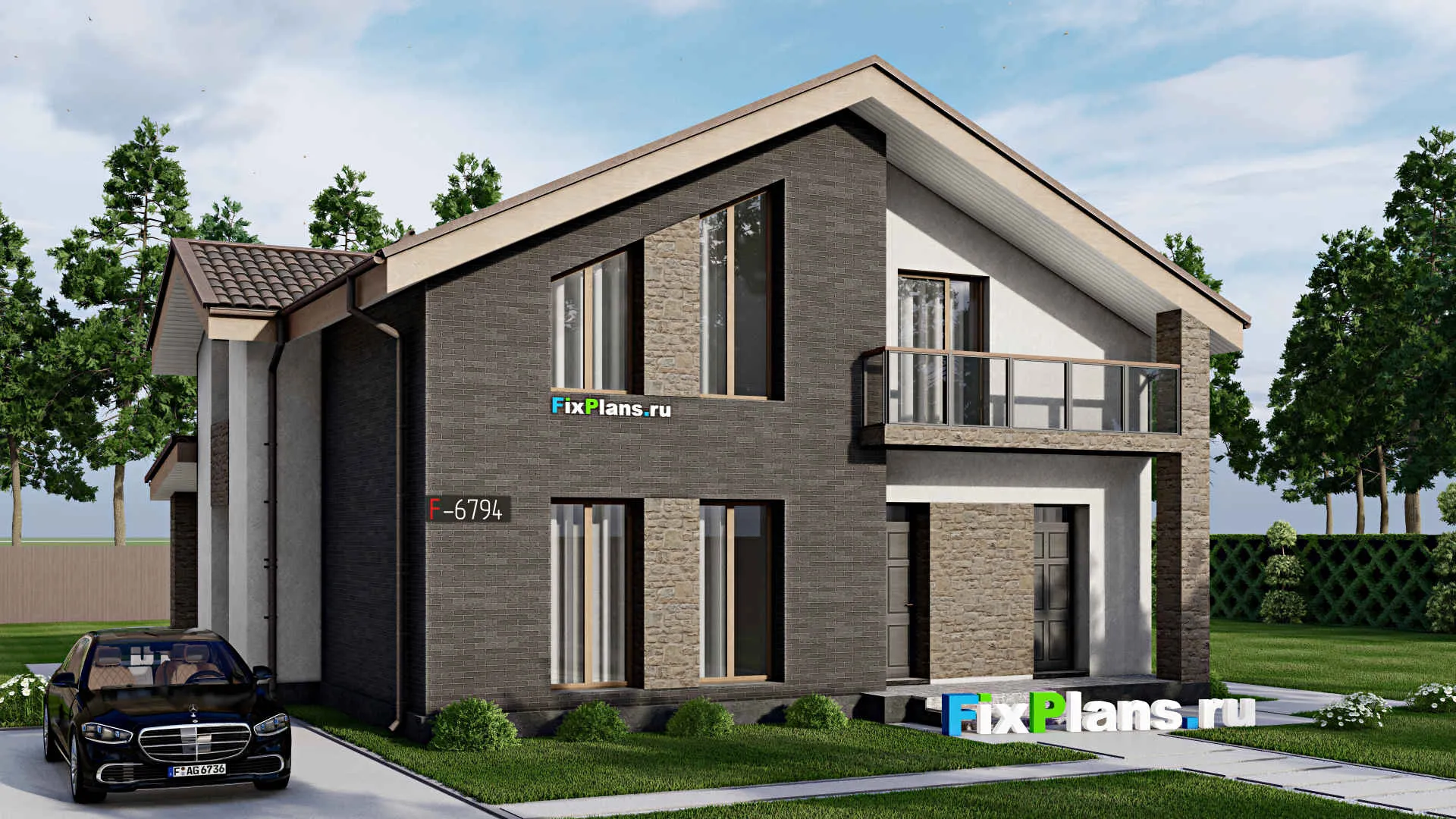 F-6794 - Проект дома с мансардой 13 на 13, площадью 200 м² с террасой, балконом и 4 спальнями