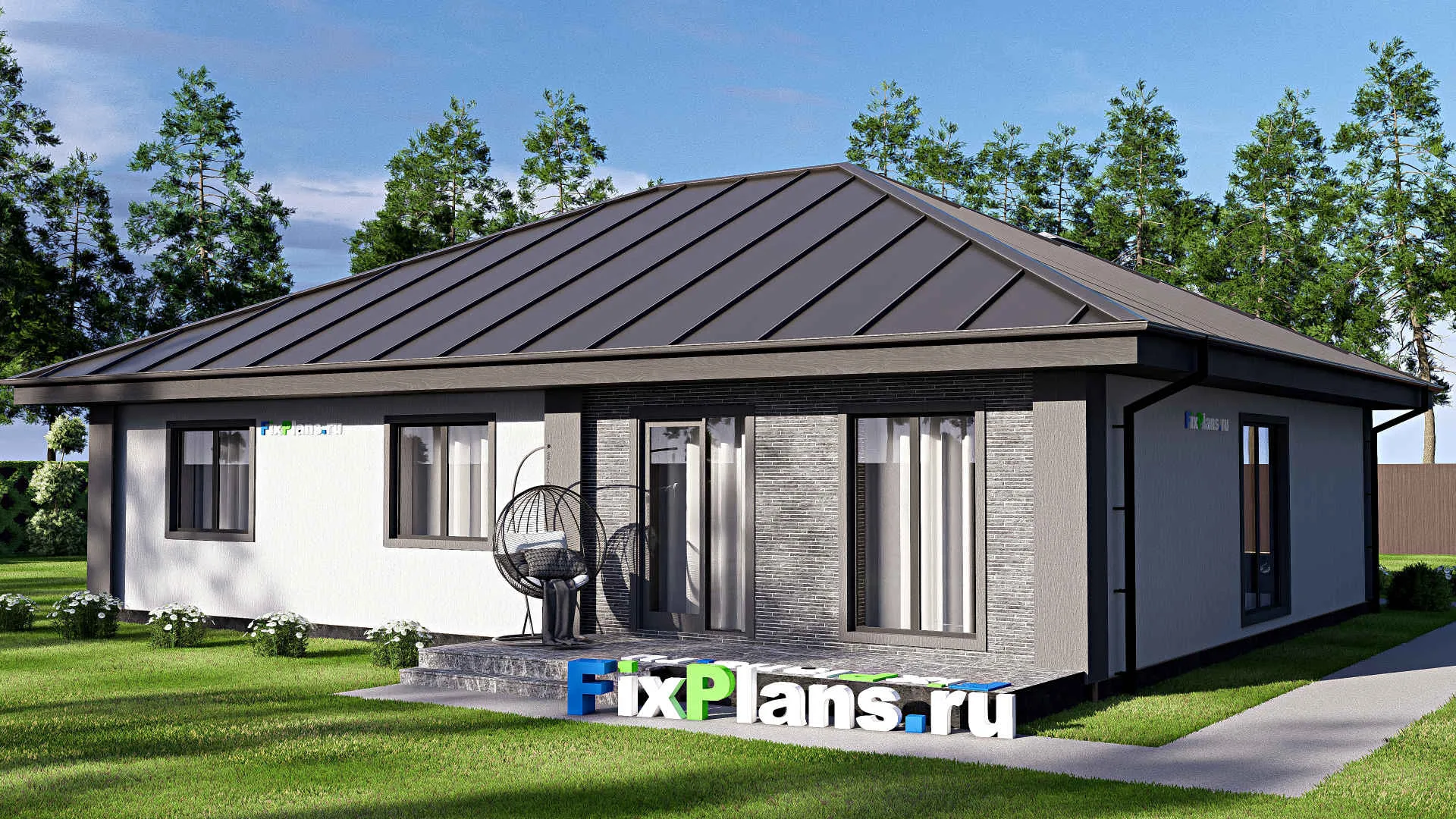 F-17918 - План одноэтажного дома 15 на 16, площадью 170 м² с террасой и 3 спальнями