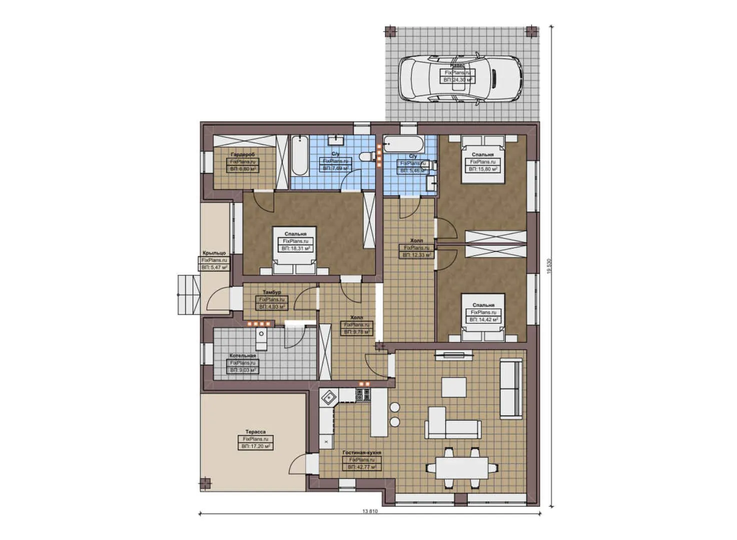 F-10376 - План одноэтажного дома 14 на 20, площадью 200 м² с террасой и 3 спальнями