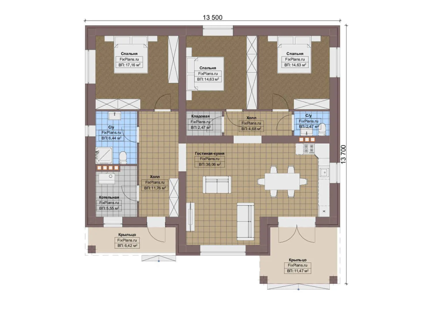 F-13490 - План одноэтажного дома 14 на 14, площадью 140 м² с 3 спальнями