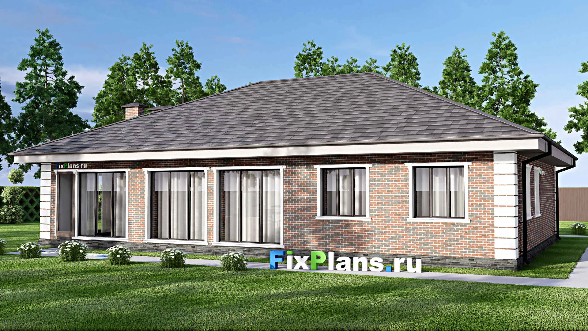 F-12761 - Проект одноэтажного дома 14 на 18, площадью 180 м² с террасой, гаражом на 1 машину и 3 спальнями