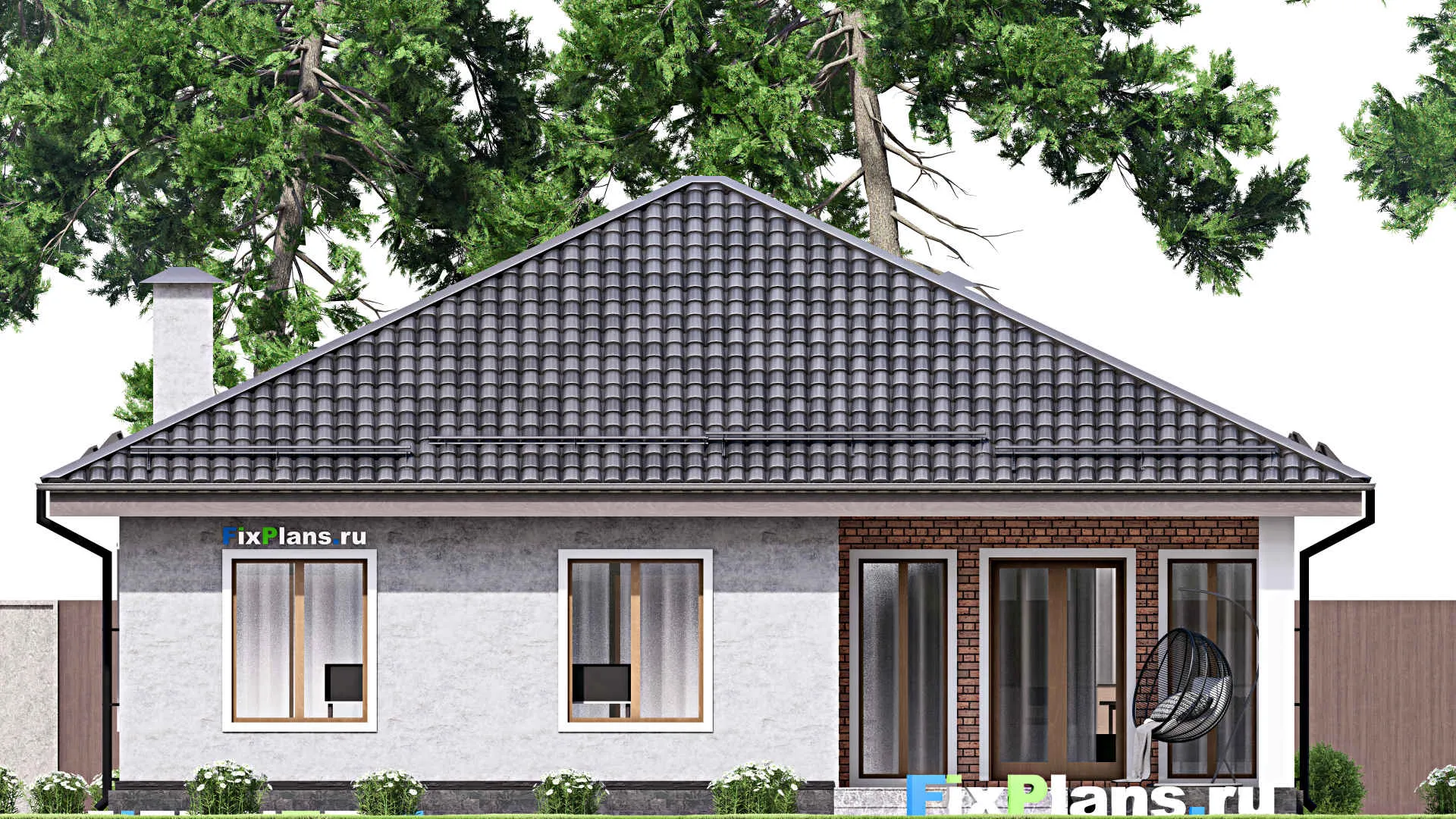 F-12824 - Проект одноэтажного дома 13 на 13, площадью 130 м² с террасой и 3 спальнями