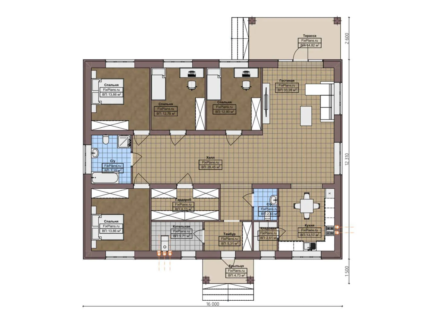 F-4427 - План одноэтажного дома 13 на 16, площадью 180 м² с террасой и 4 спальнями
