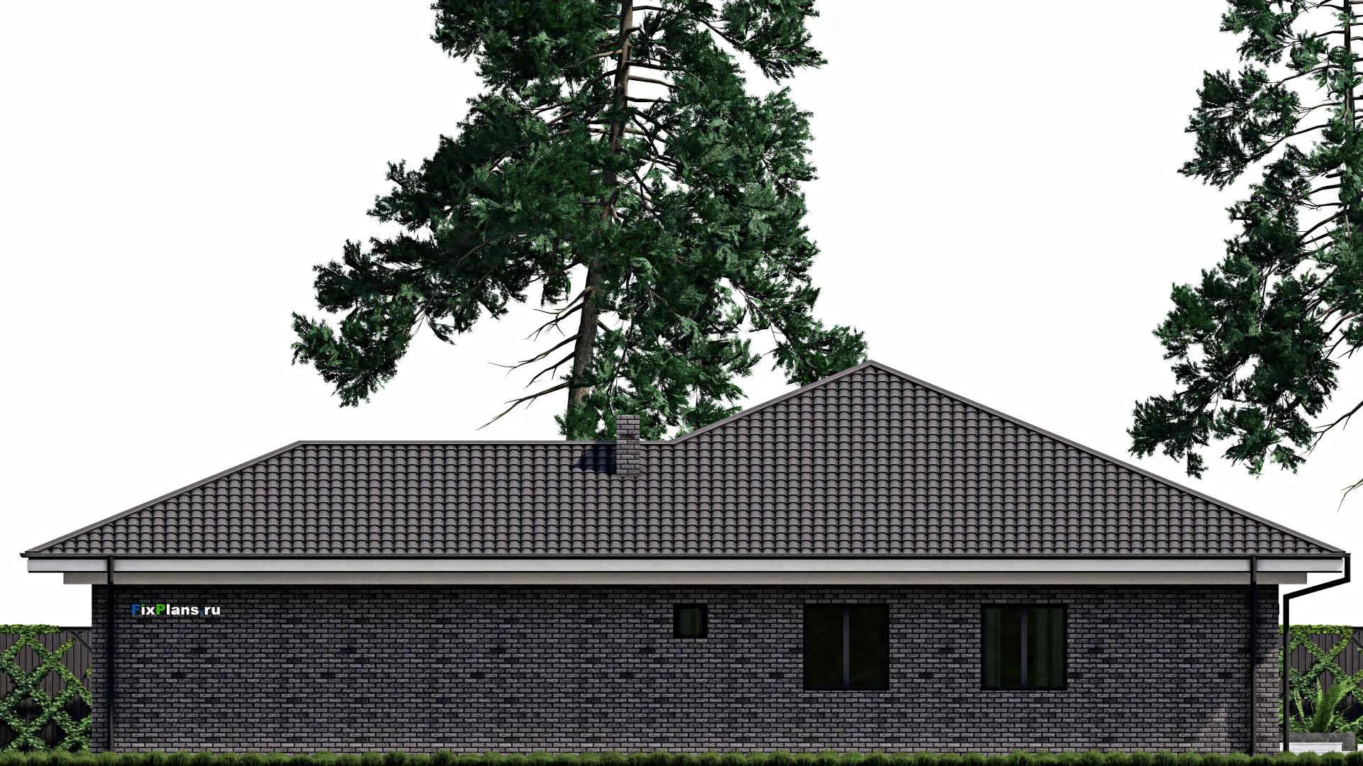 F-0647 - План одноэтажного дома 16 на 21, площадью 230 м² с террасой, гаражом на 2 машины и 3 спальнями