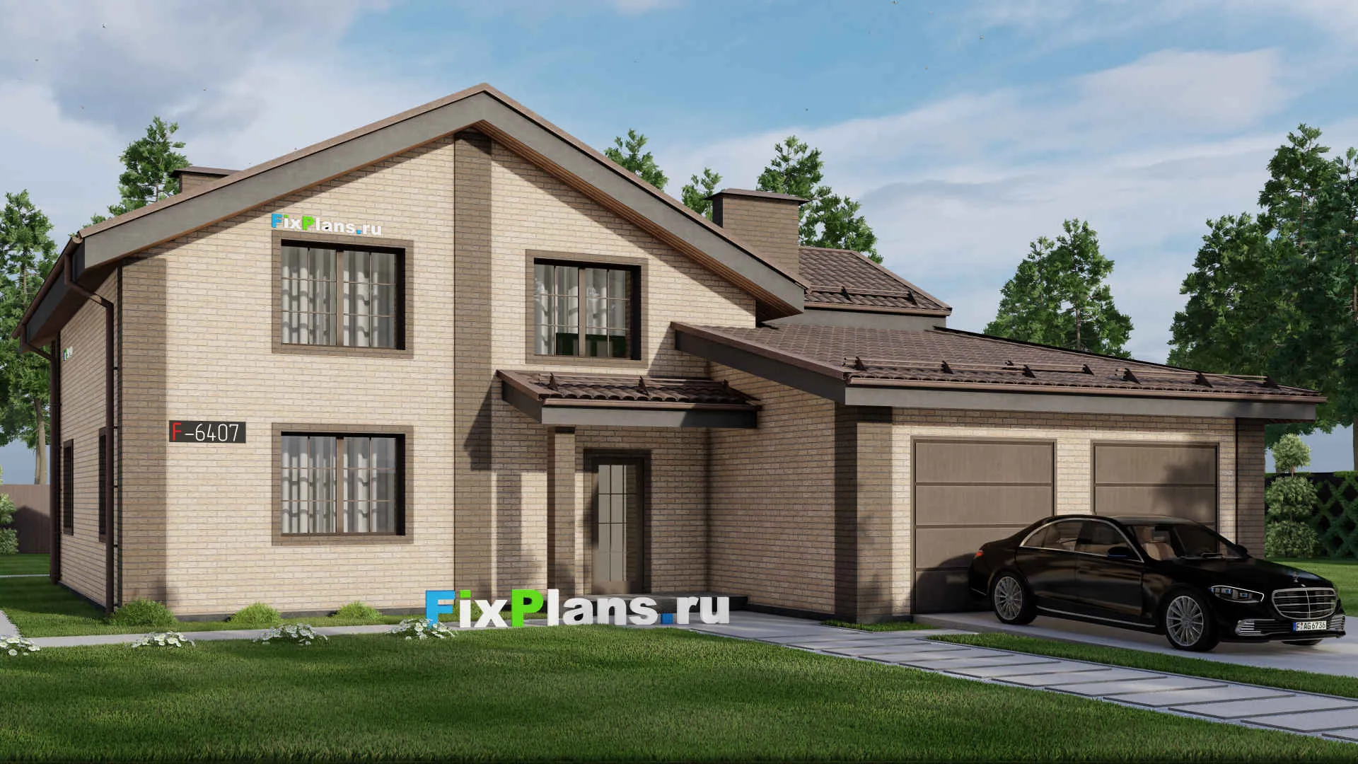 F-6407 - Проект дома с мансардой 15 на 16, площадью 260 м² с террасой, балконом, гаражом на 2 машины и 5 спальнями