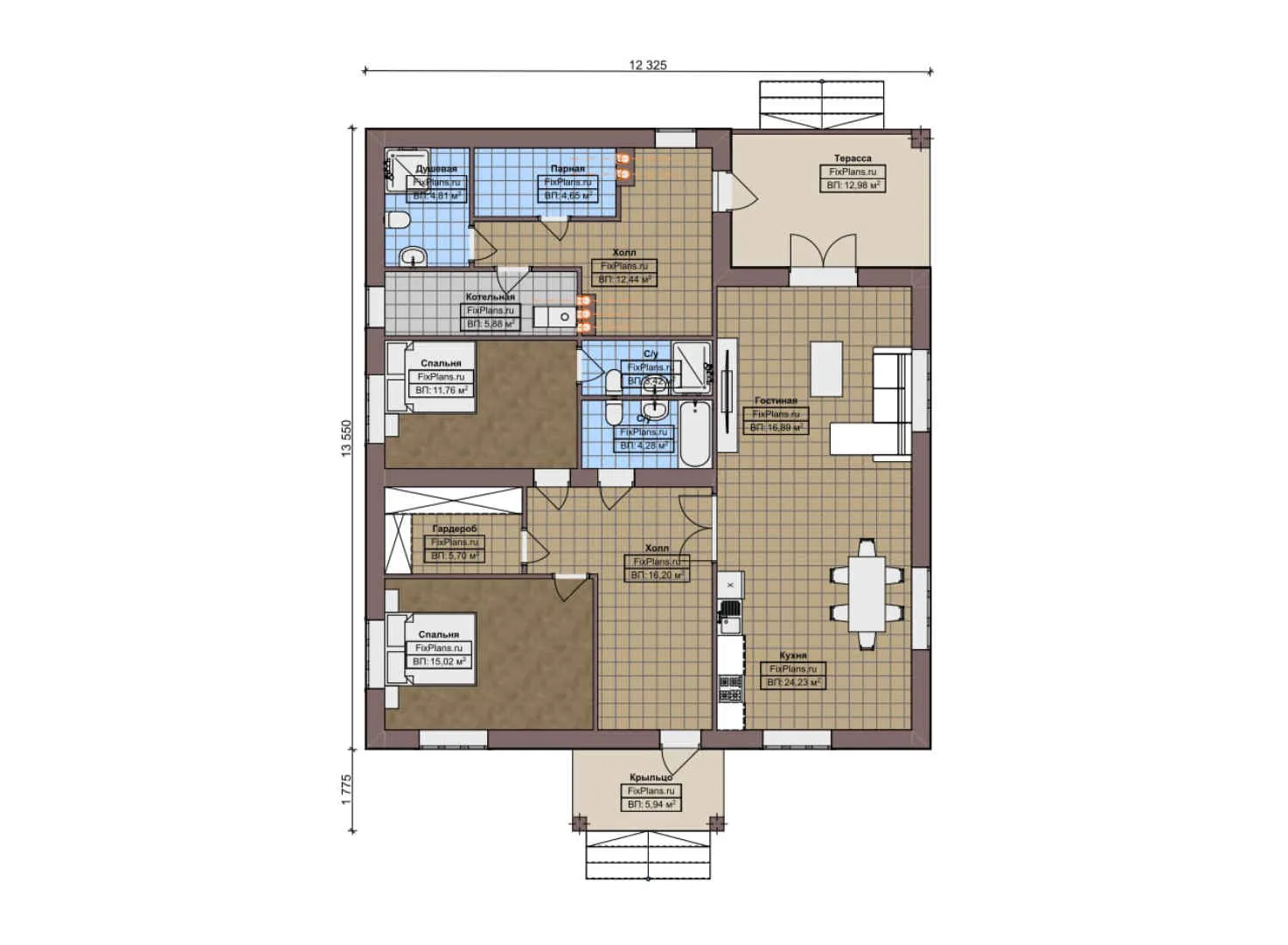 F-5966 - План одноэтажного дома 13 на 14, площадью 150 м² с террасой, баней и 2 спальнями