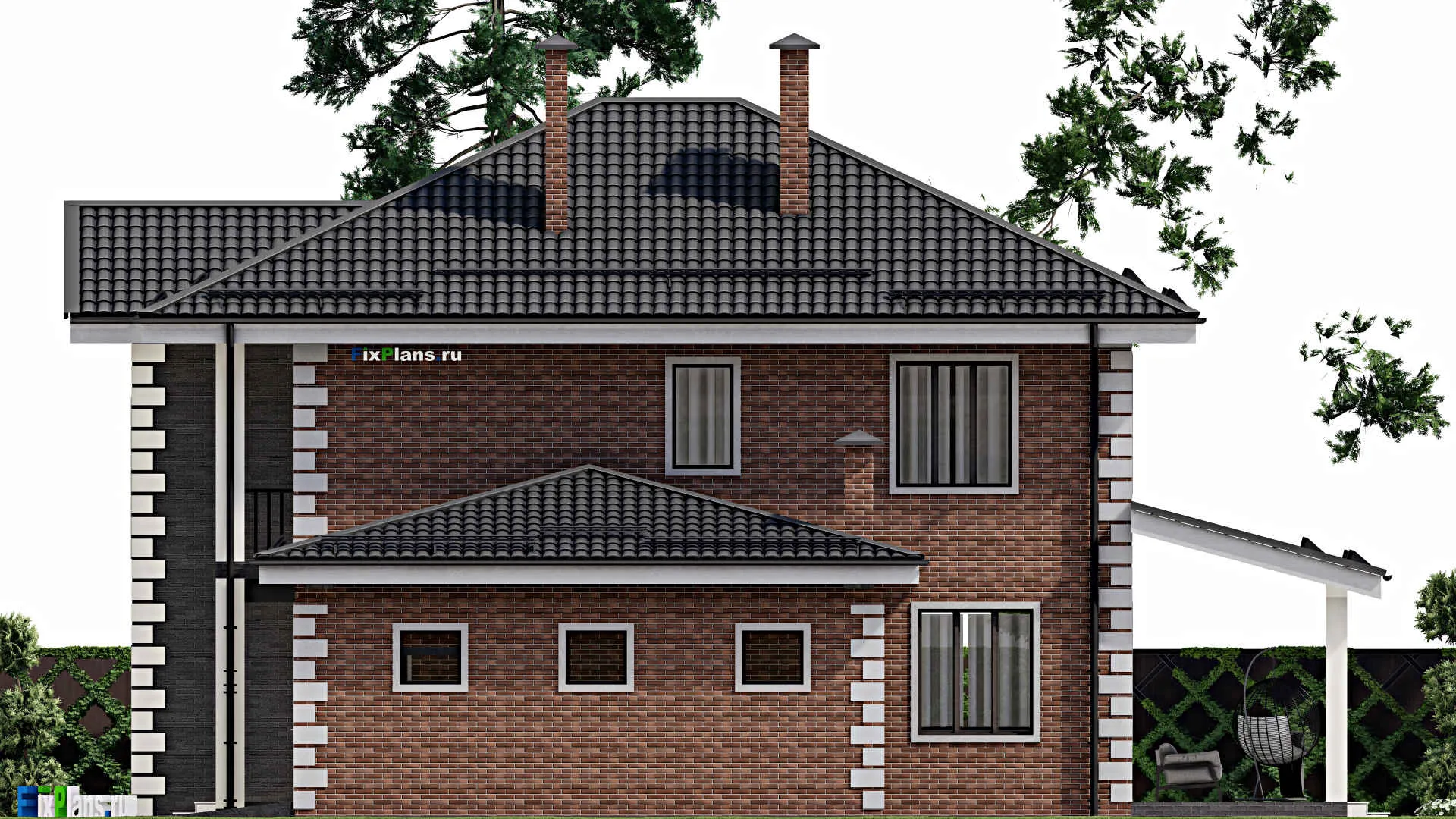 F-4193 - Планы двухэтажного дома 14 на 17, площадью 280 м² с террасой, балконом, гаражом на 1 машину и 4 спальнями