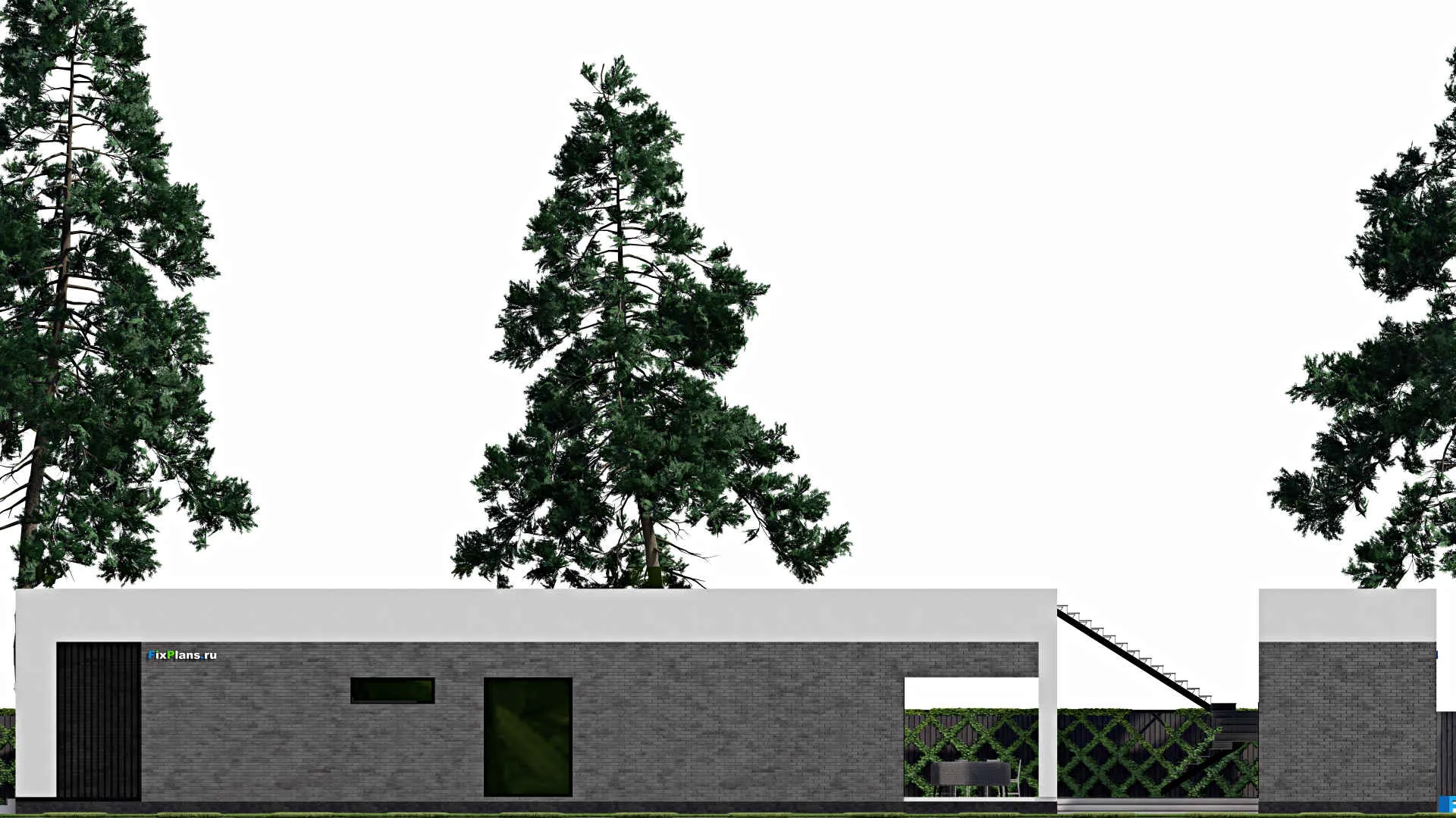 F-0638 - Проект одноэтажного дома 14 на 32, площадью 320 м² с террасой, гаражом на 1 машину и 3 спальнями