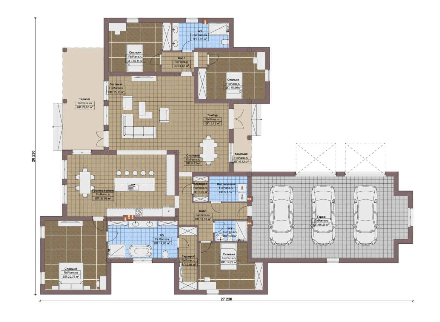 F-17090 - План одноэтажного дома 21 на 28, площадью 310 м² с террасой, гаражом на 2 машины и 4 спальнями