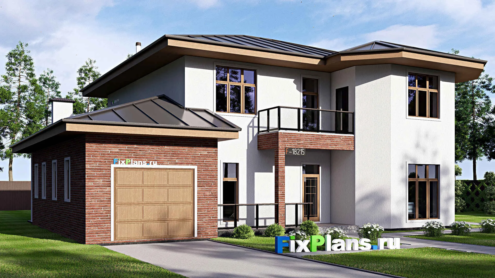 F-18215 - Проект двухэтажного дома 19 на 20, площадью 360 м² с террасой, балконом, гаражом на 1 машину и 5 спальнями