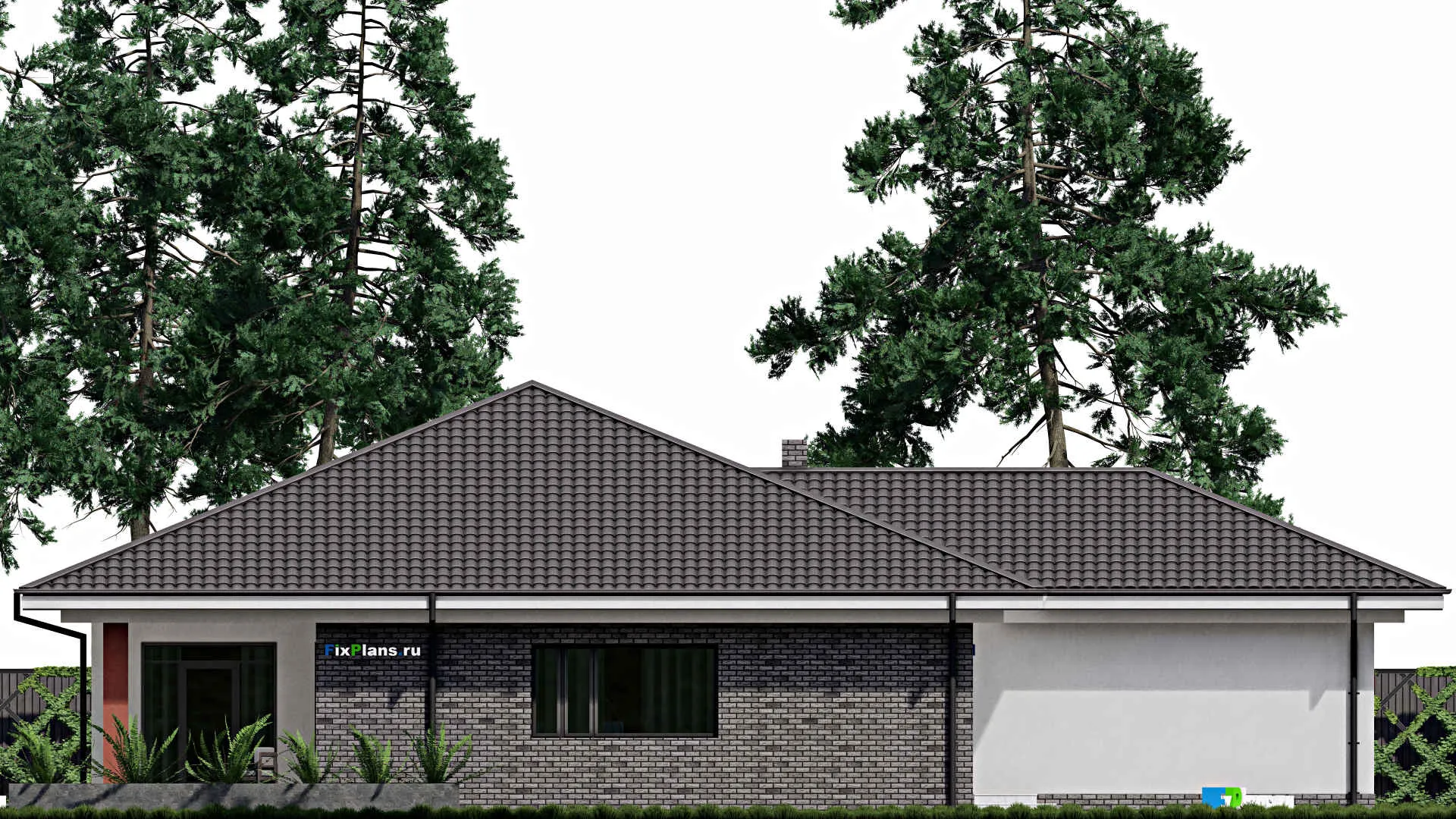 F-0647 - План одноэтажного дома 16 на 21, площадью 230 м² с террасой, гаражом на 2 машины и 3 спальнями