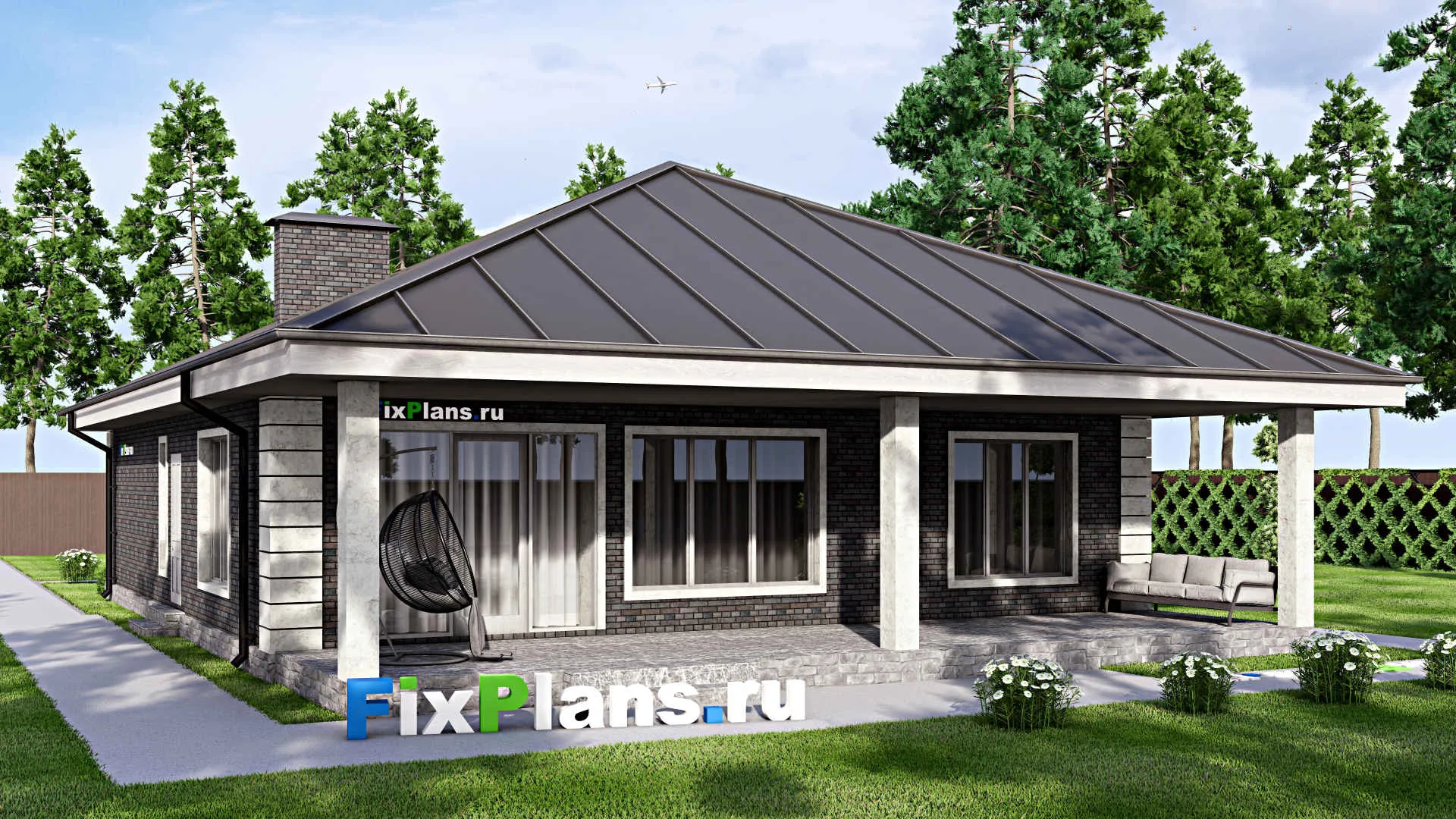 F-14705 - Проект одноэтажного дома 12 на 17, площадью 170 м² с террасой и 3 спальнями