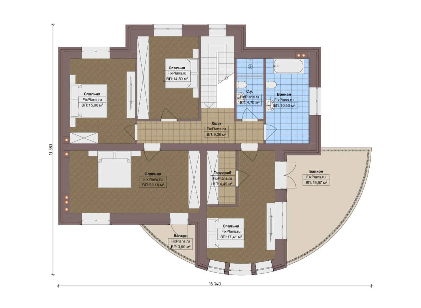 F-20519 - Планы двухэтажного дома 14 на 18, площадью 250 м² с террасой, балконом и 5 спальнями