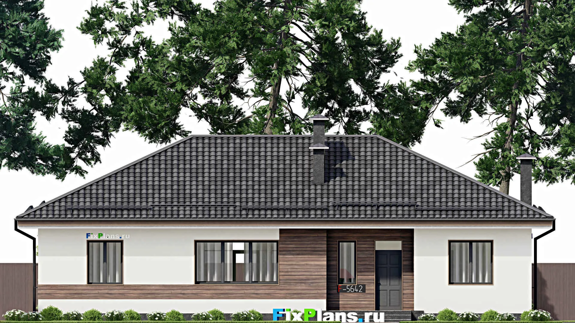 F-5642 - Проект одноэтажного дома 11 на 18, площадью 170 м² с террасой и 5 спальнями