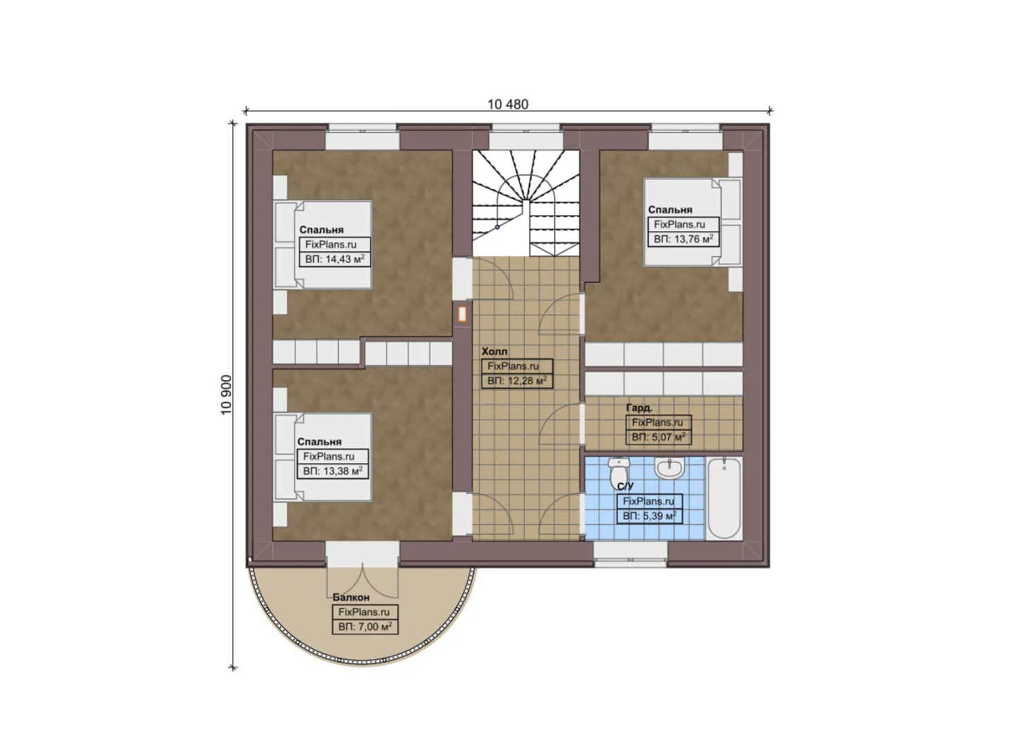 F-0503 - Планы дома с мансардой 11 на 11, площадью 240 м² с балконом и 6 спальнями