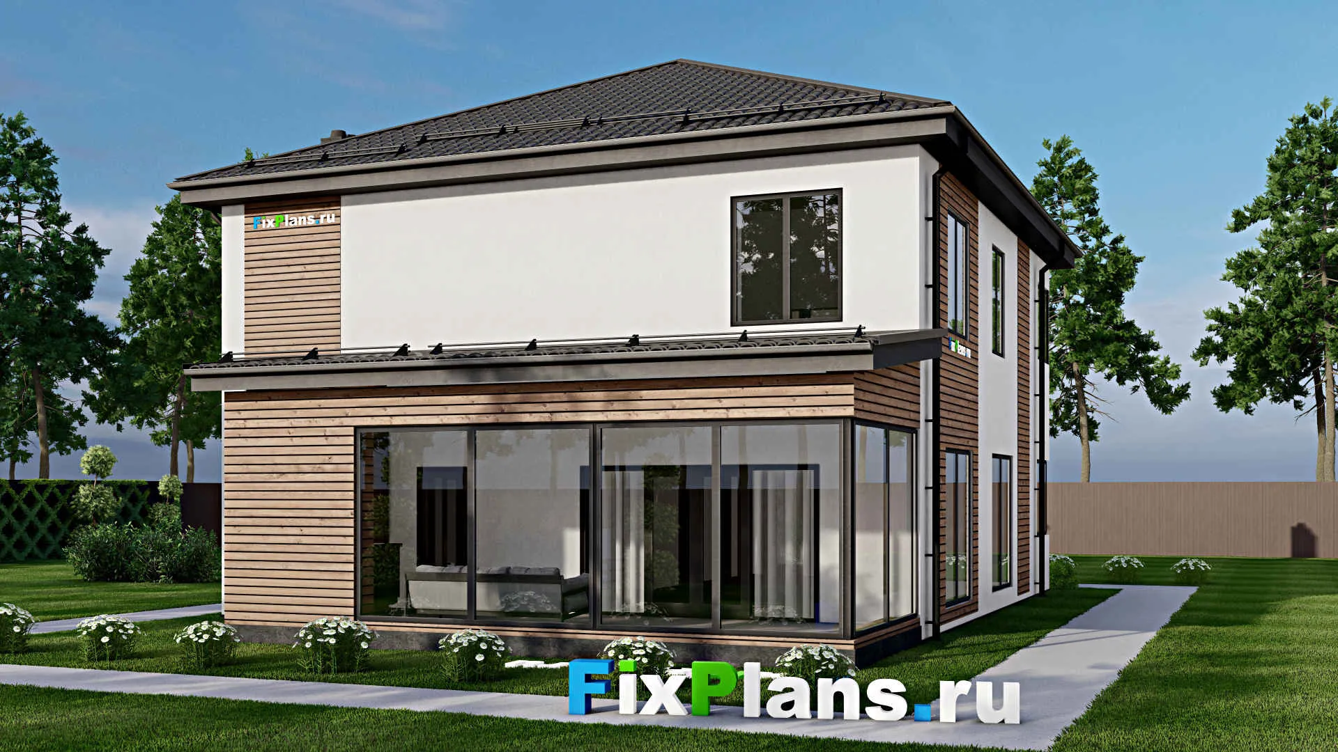 F-4049 - Проект двухэтажного дома 12 на 17, площадью 230 м² с террасой, баней и 4 спальнями