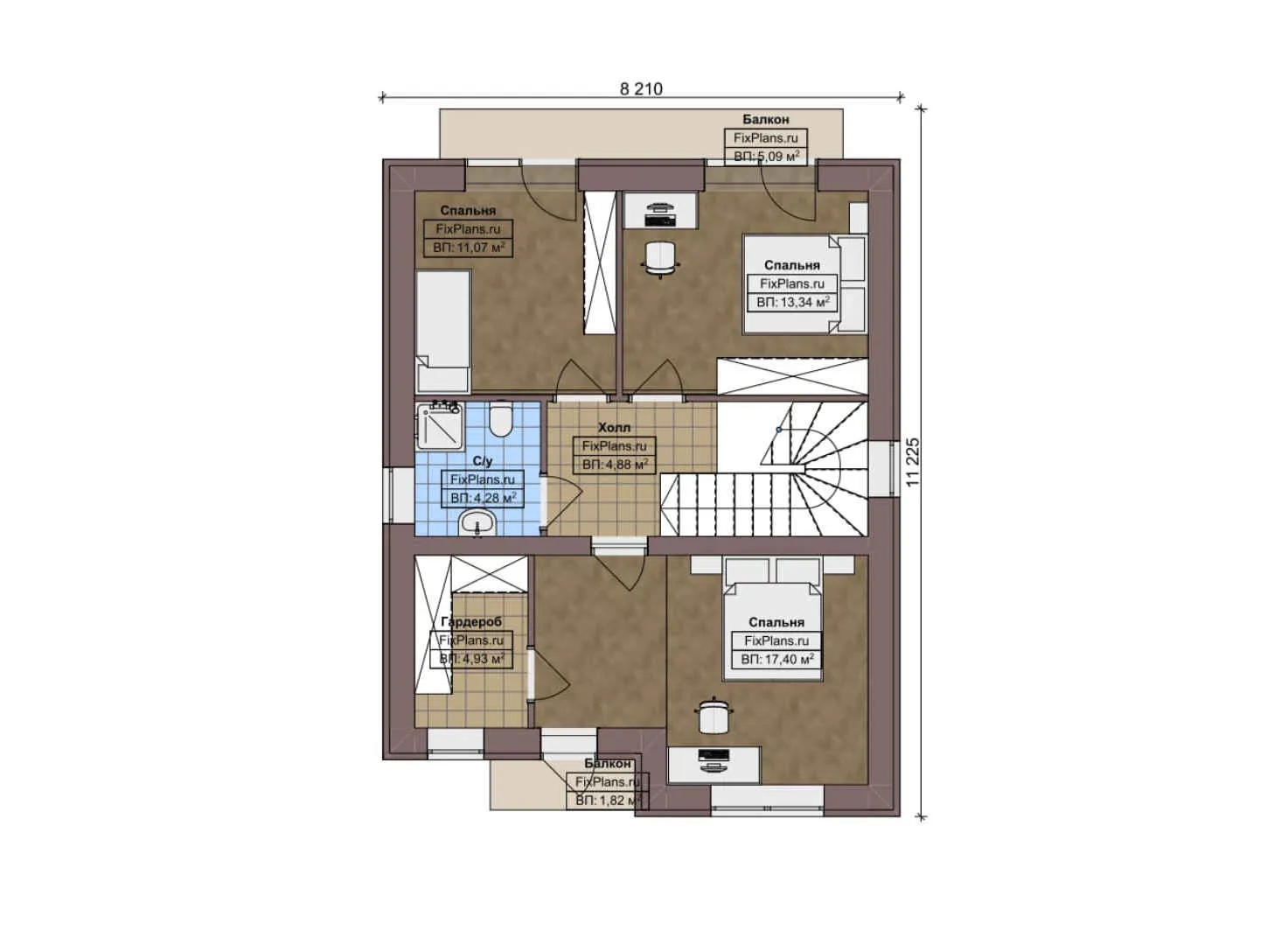 F-7253 - Планы двухэтажного дома 9 на 13, площадью 140 м² с террасой, балконом и 4 спальнями
