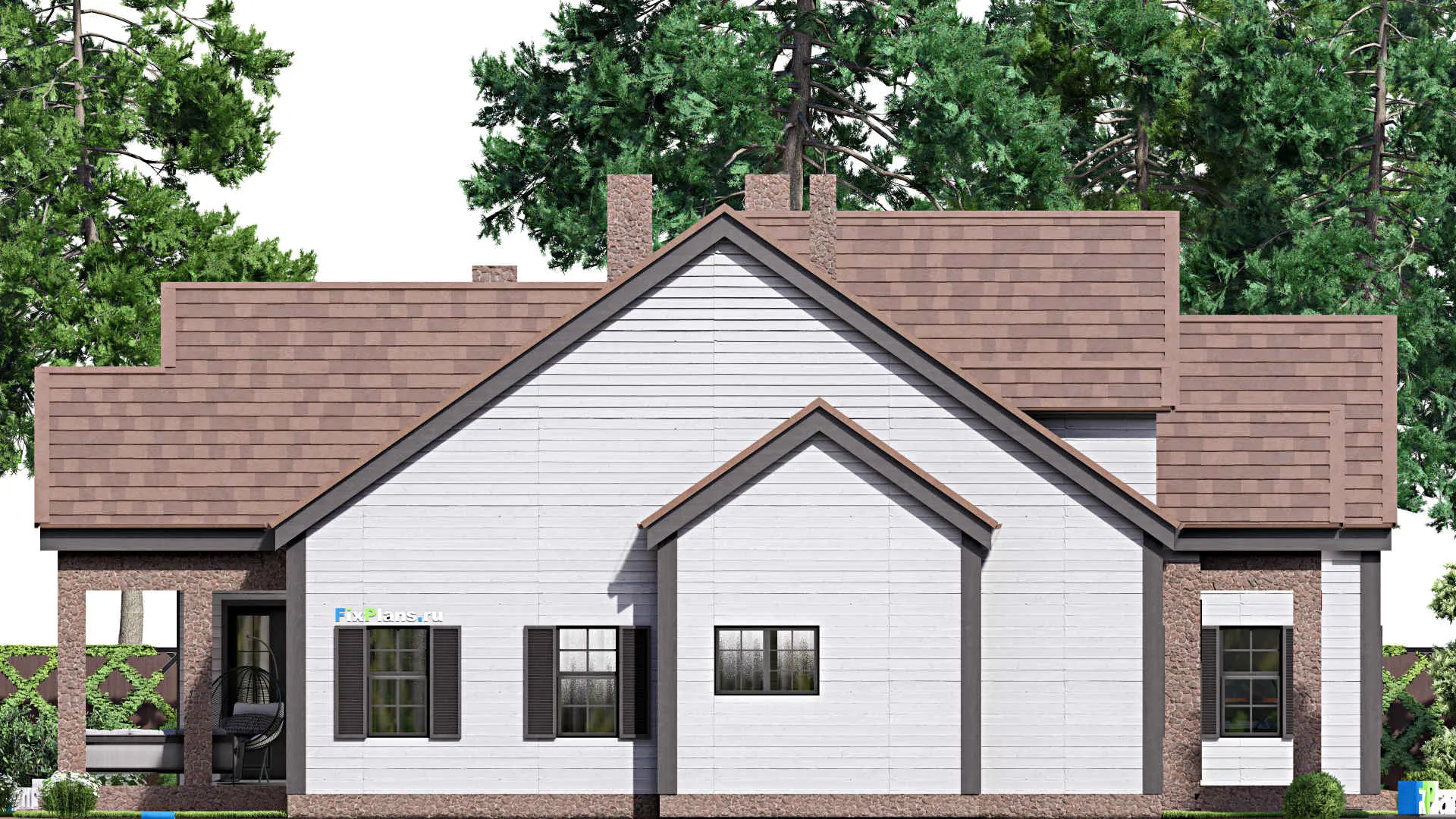 F-16928 - Планы дома с мансардой 19 на 20, площадью 340 м² с террасой, гаражом на 2 машины и 5 спальнями