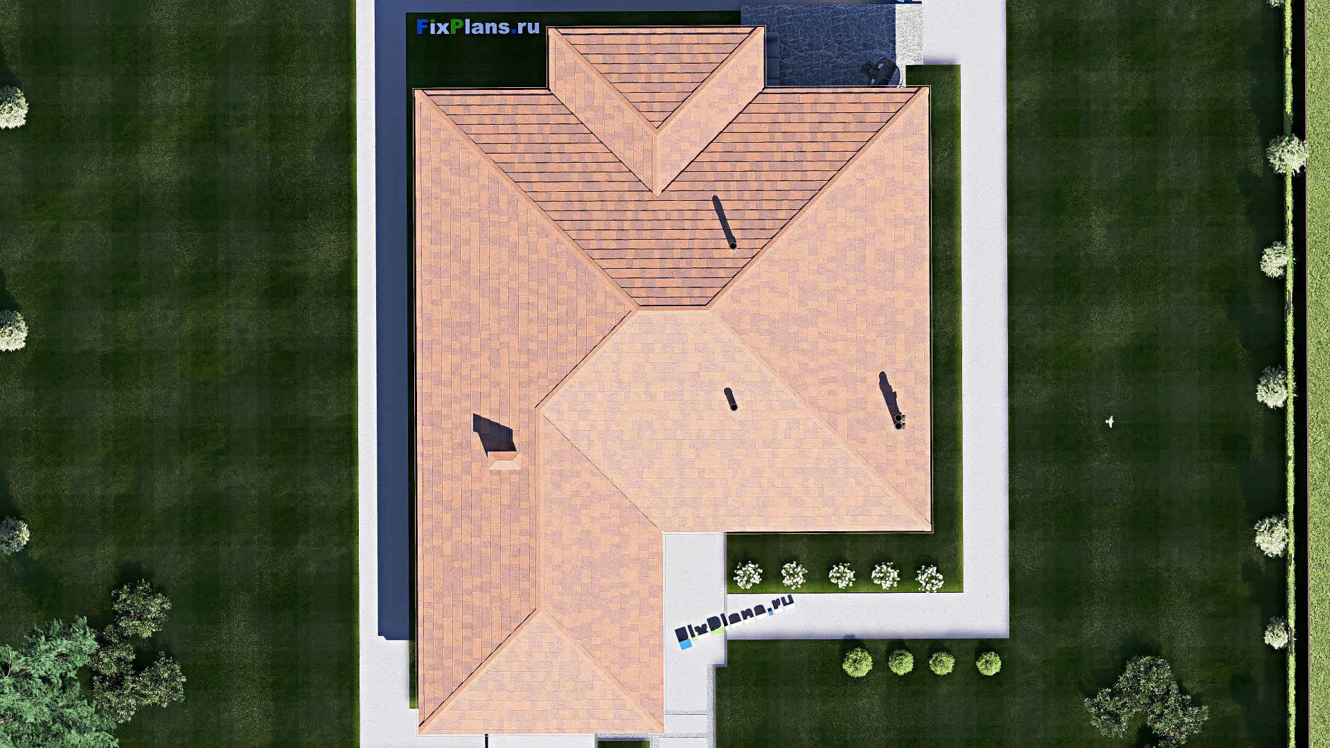 F-20132 - Проект одноэтажного дома 16 на 24, площадью 230 м² с террасой, гаражом на 1 машину и 3 спальнями