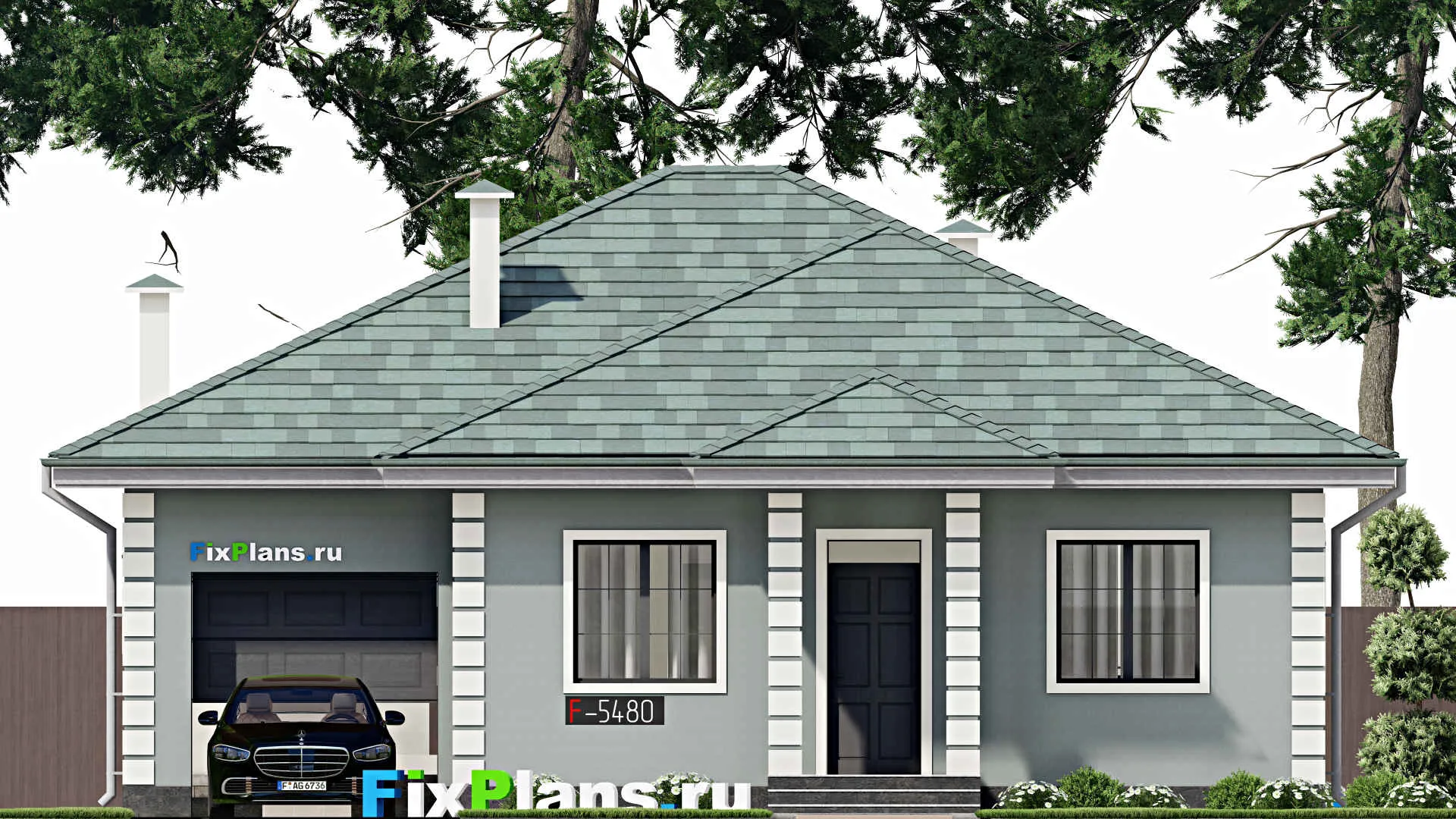 F-5480 - План одноэтажного дома 12 на 13, площадью 120 м² с гаражом на 1 машину и 3 спальнями