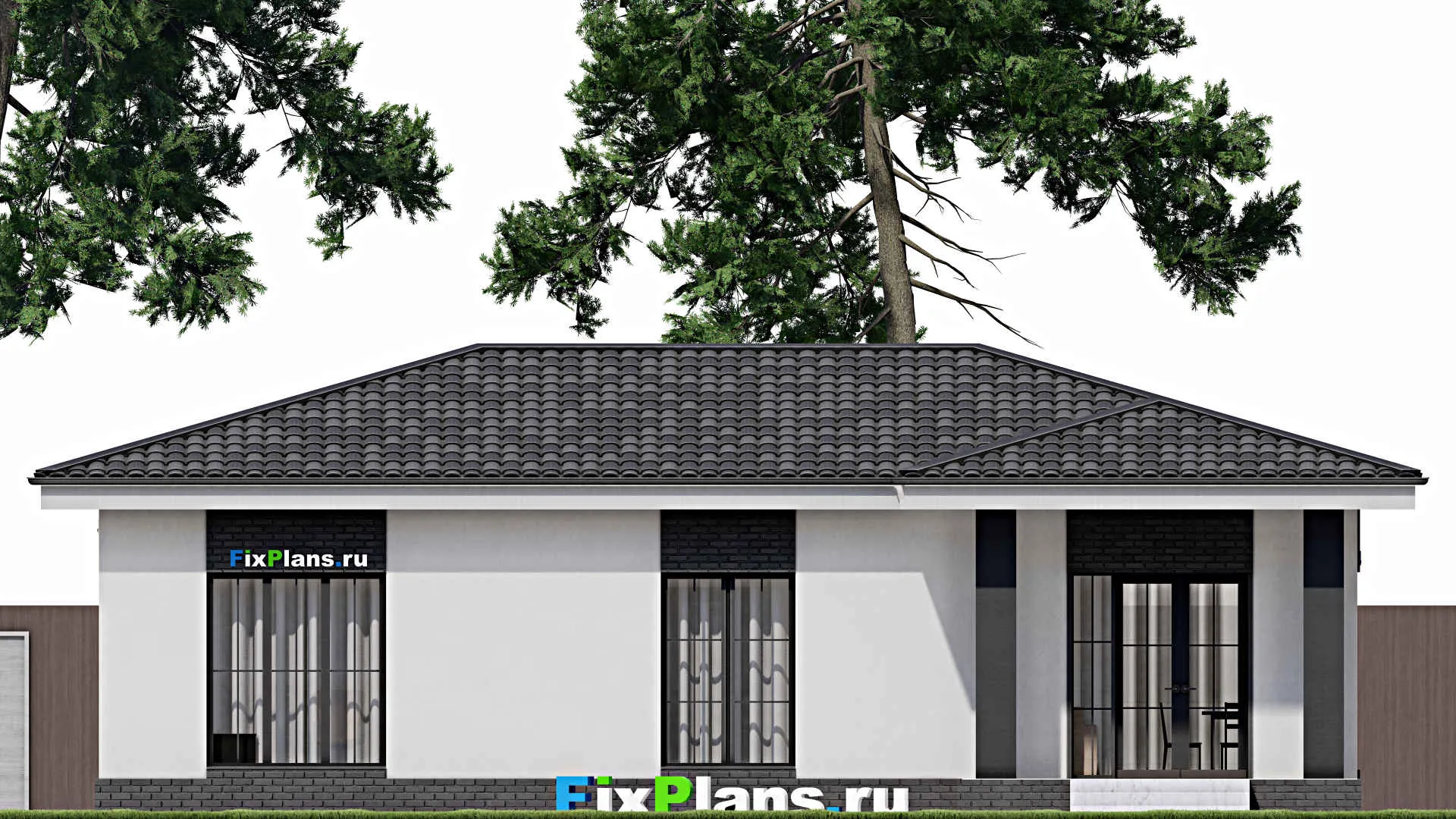 F-1052 - Проект одноэтажного дома 9 на 15, площадью 110 м² с террасой и 3 спальнями