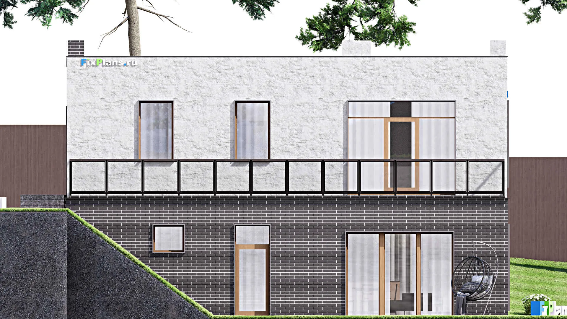 F-3527 - План одноэтажного дома 10 на 14, площадью 210 м² с террасой, цокольным этажом, баней и 2 спальнями