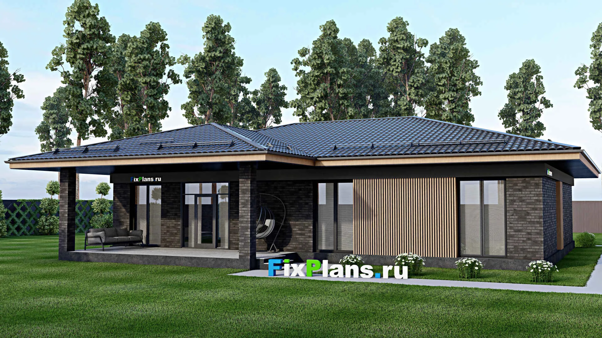 F-1979 - Проект одноэтажного дома 13 на 17, площадью 200 м² с террасой и 3 спальнями