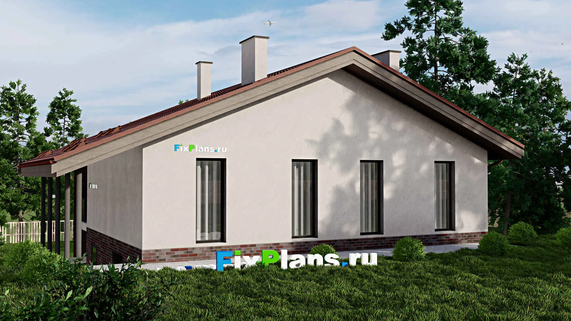 F-2033 - Проект одноэтажного дома 11 на 15, площадью 190 м² с террасой, цокольным этажом и 3 спальнями