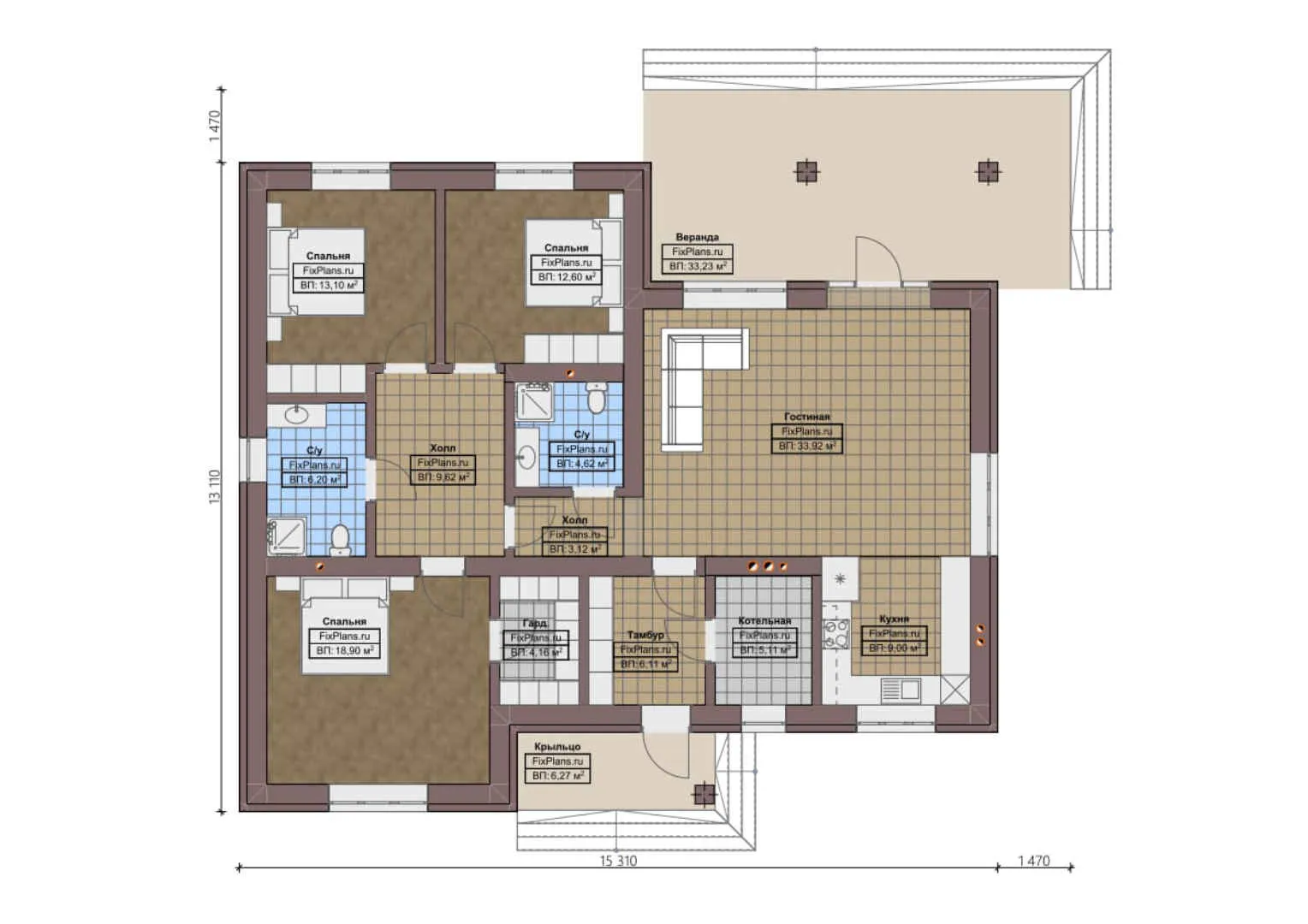 F-0485 - План одноэтажного дома 14 на 16, площадью 170 м² с террасой и 3 спальнями