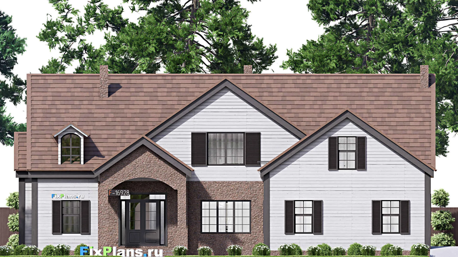 F-16928 - Планы дома с мансардой 19 на 20, площадью 340 м² с террасой, гаражом на 2 машины и 5 спальнями