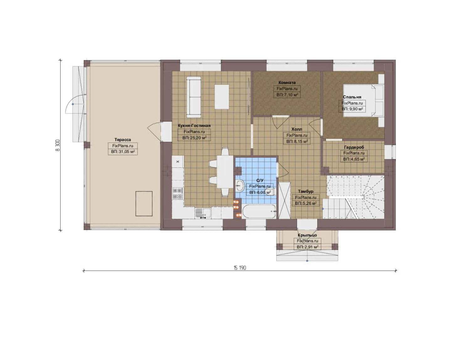 F-19214 - Планы двухэтажного дома 9 на 16, площадью 170 м² с террасой и 4 спальнями