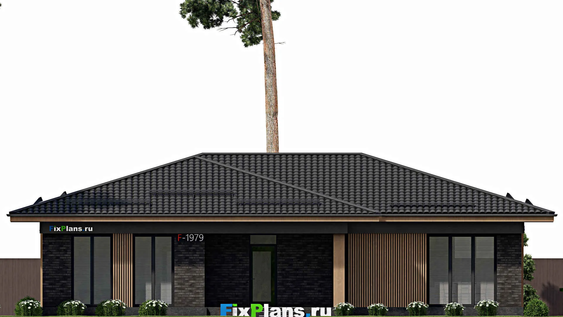 F-1979 - Проект одноэтажного дома 13 на 17, площадью 200 м² с террасой и 3 спальнями