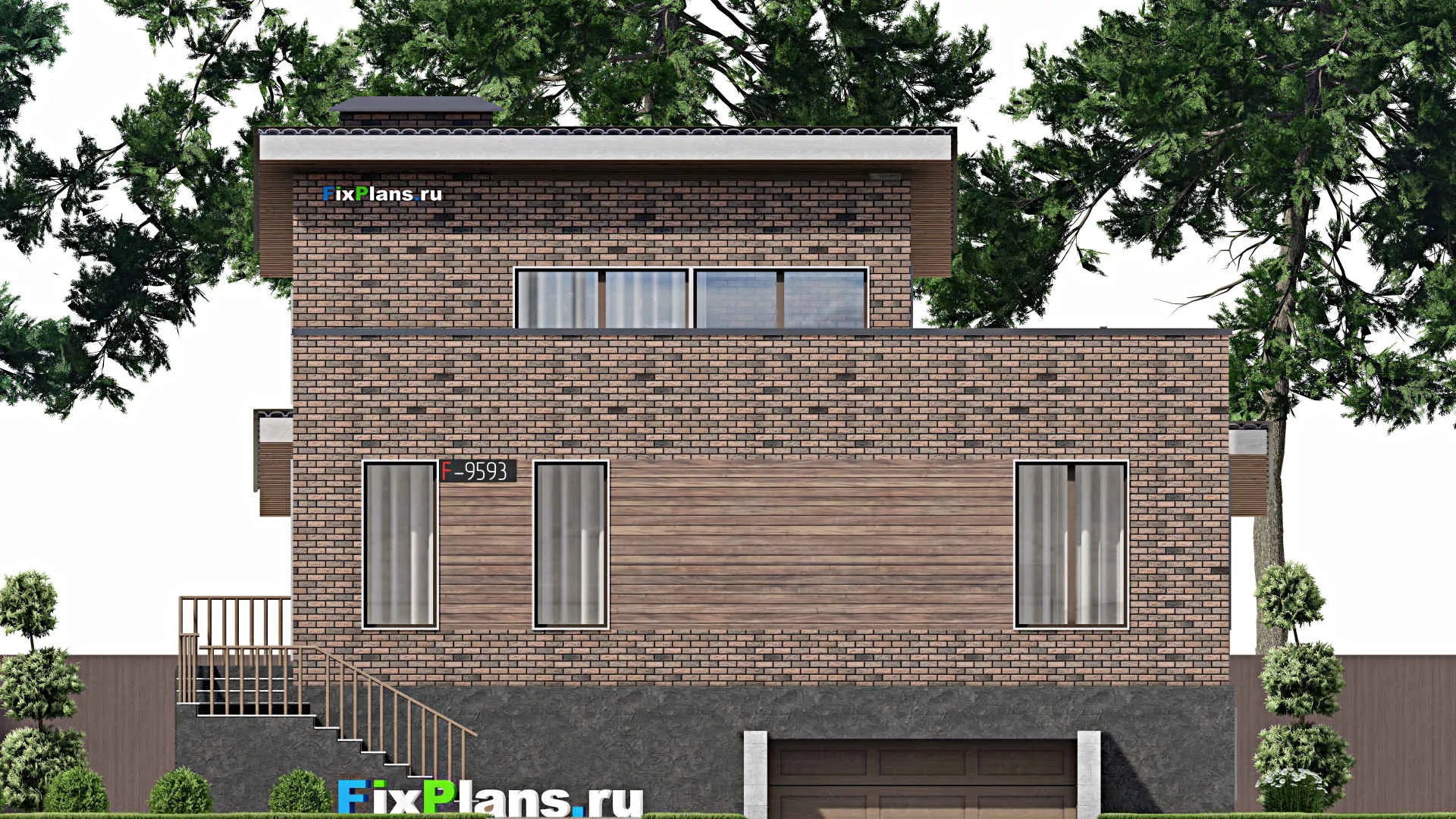 F-9593 - Проект одноэтажного дома 14 на 18, площадью 280 м² с цокольным этажом, гаражом на 2 машины и 3 спальнями