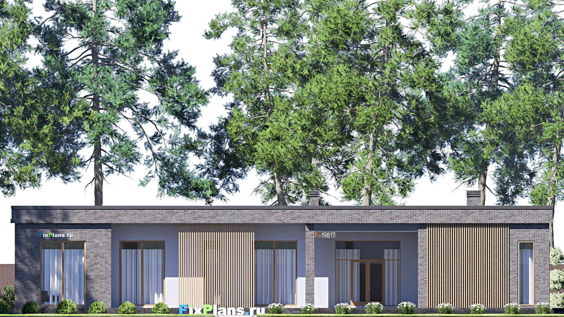 F-19817 - Проект одноэтажного дома 22 на 25, площадью 330 м² с террасой, гаражом на 2 машины и 1 спальнями