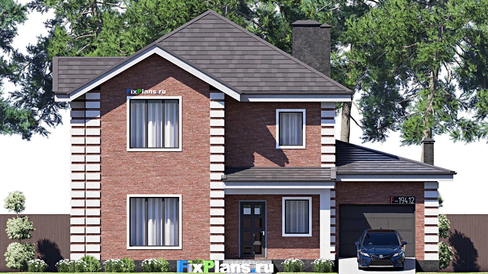 F-19412 - Проект двухэтажного дома 15 на 15, площадью 210 м² с террасой, гаражом на 1 машину и 4 спальнями