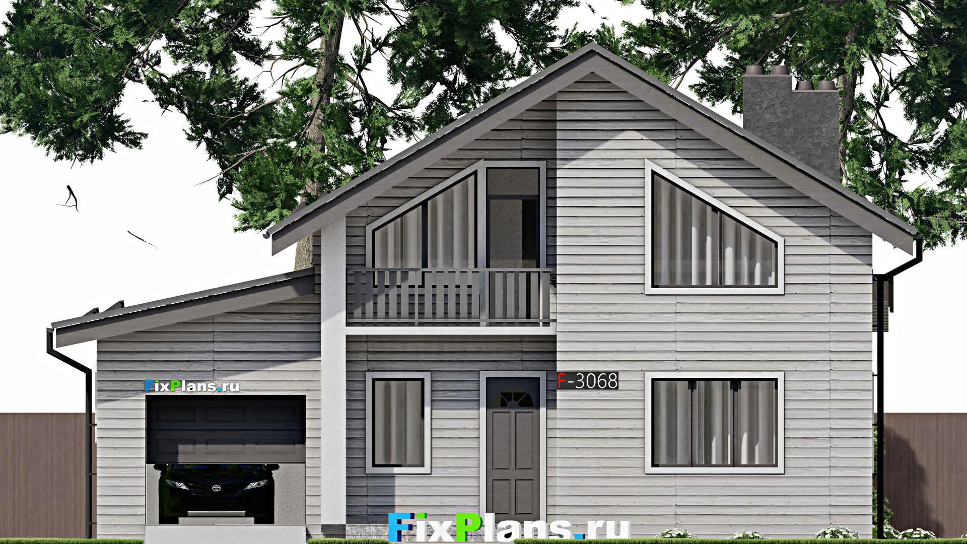 F-3068 - Планы дома с мансардой 11 на 13, площадью 170 м² с террасой, балконом, цокольным этажом, гаражом на 1 машину и 4 спальнями