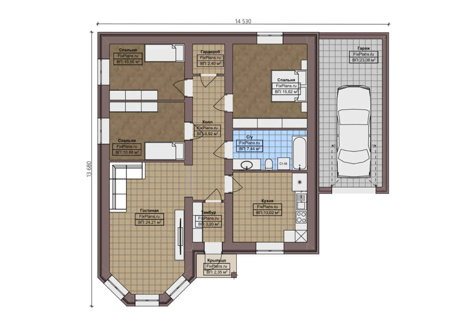 F-1817 - План одноэтажного дома 14 на 15, площадью 130 м² с гаражом на 1 машину и 3 спальнями
