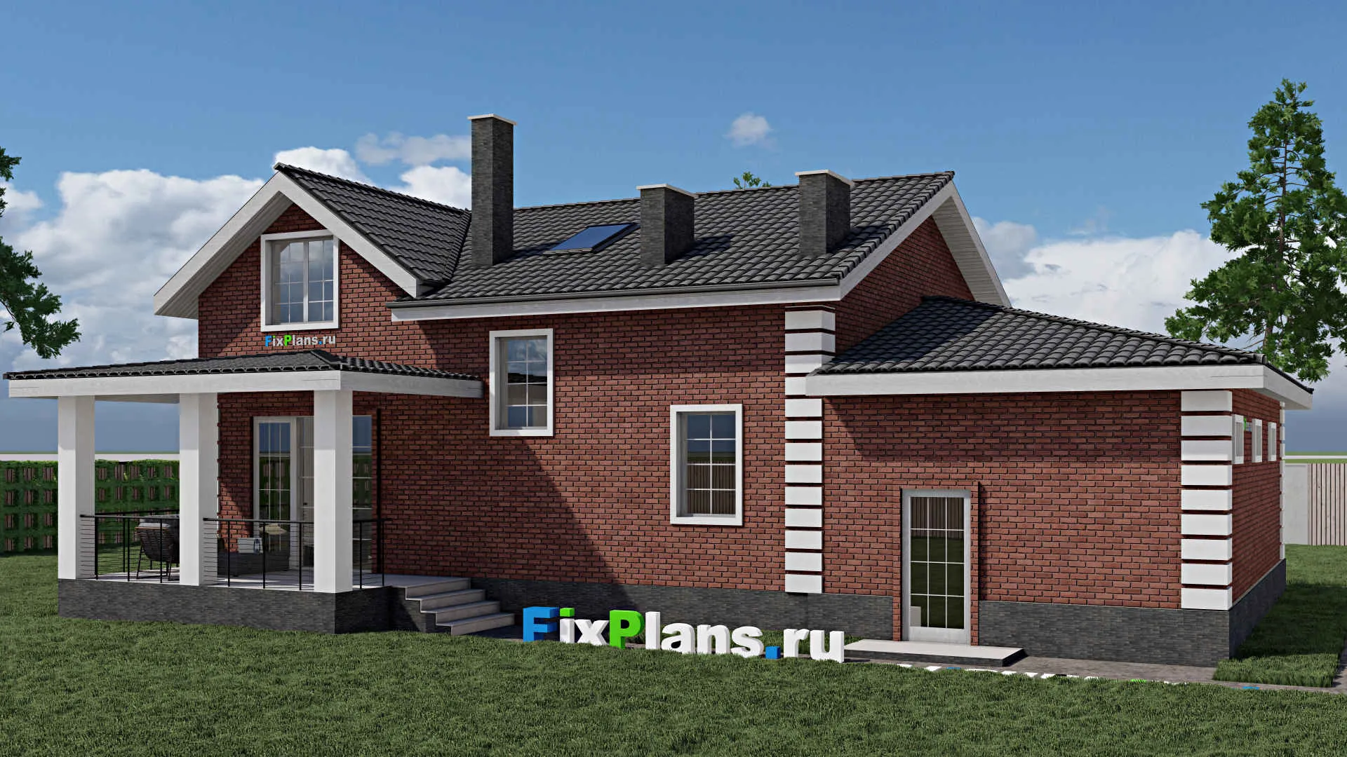 F-1034 - Планы дома с мансардой 12 на 17, площадью 240 м² с террасой, гаражом на 2 машины и 3 спальнями