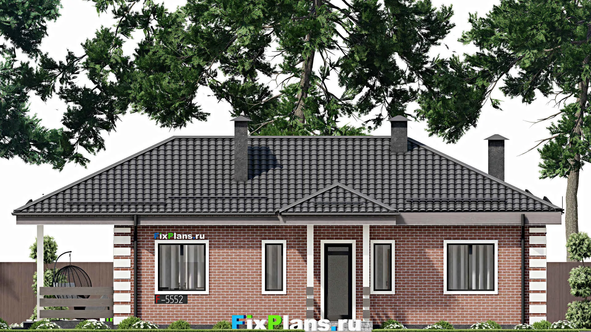 F-5552 - Проект одноэтажного дома 9 на 14, площадью 110 м² с террасой и 3 спальнями